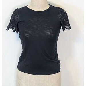 Express Womens Medium Black Lace Sleeve Top Cotton Modal Semi Sheer Short Sleeve